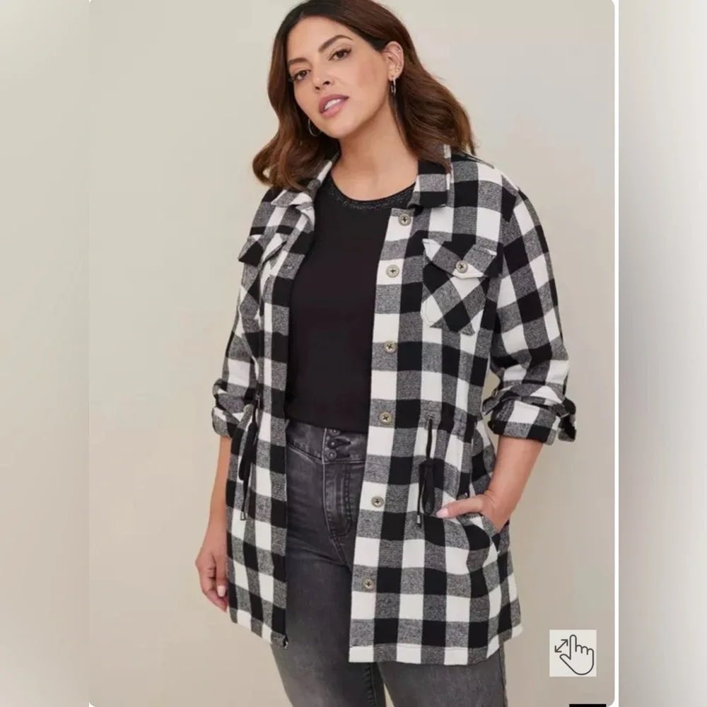 Torrid Black White Buffalo Plaid Drawstring Waist Shacket Jacket Size 0 L 12